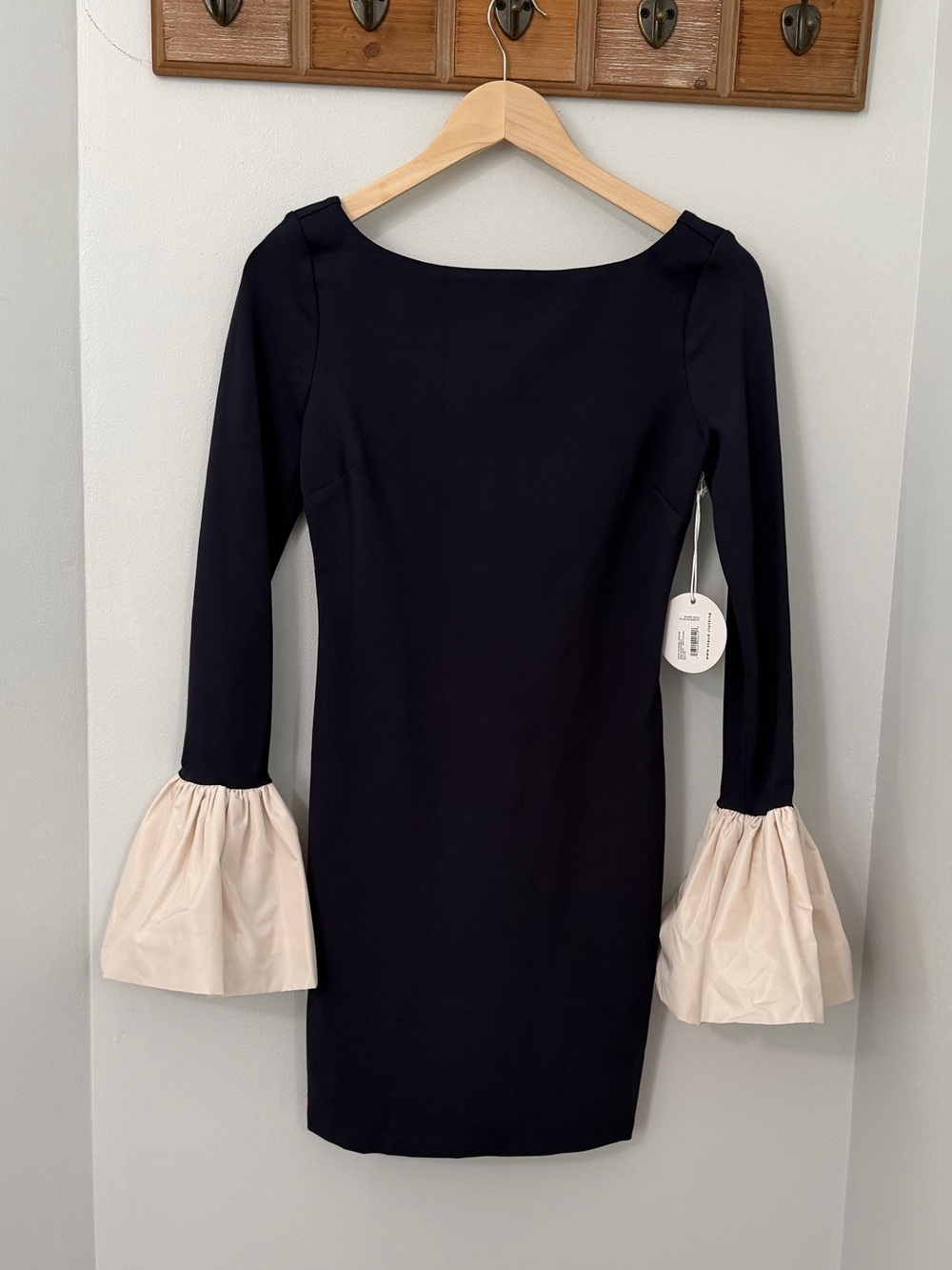 STAUD Hawthorne Navy/Ivory Mini Dress with Bell Cuffs- NWT